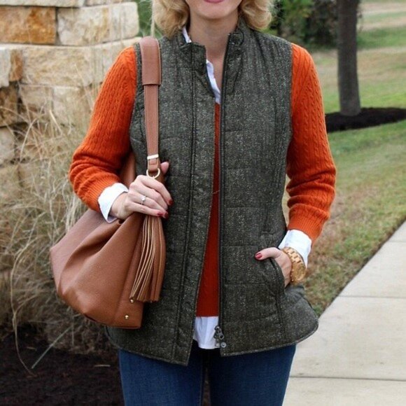 J. Jill Jackets & Blazers - J. Jill  Full Zip Puffer Vest, Balsam Green Speckled Herringbone, Large